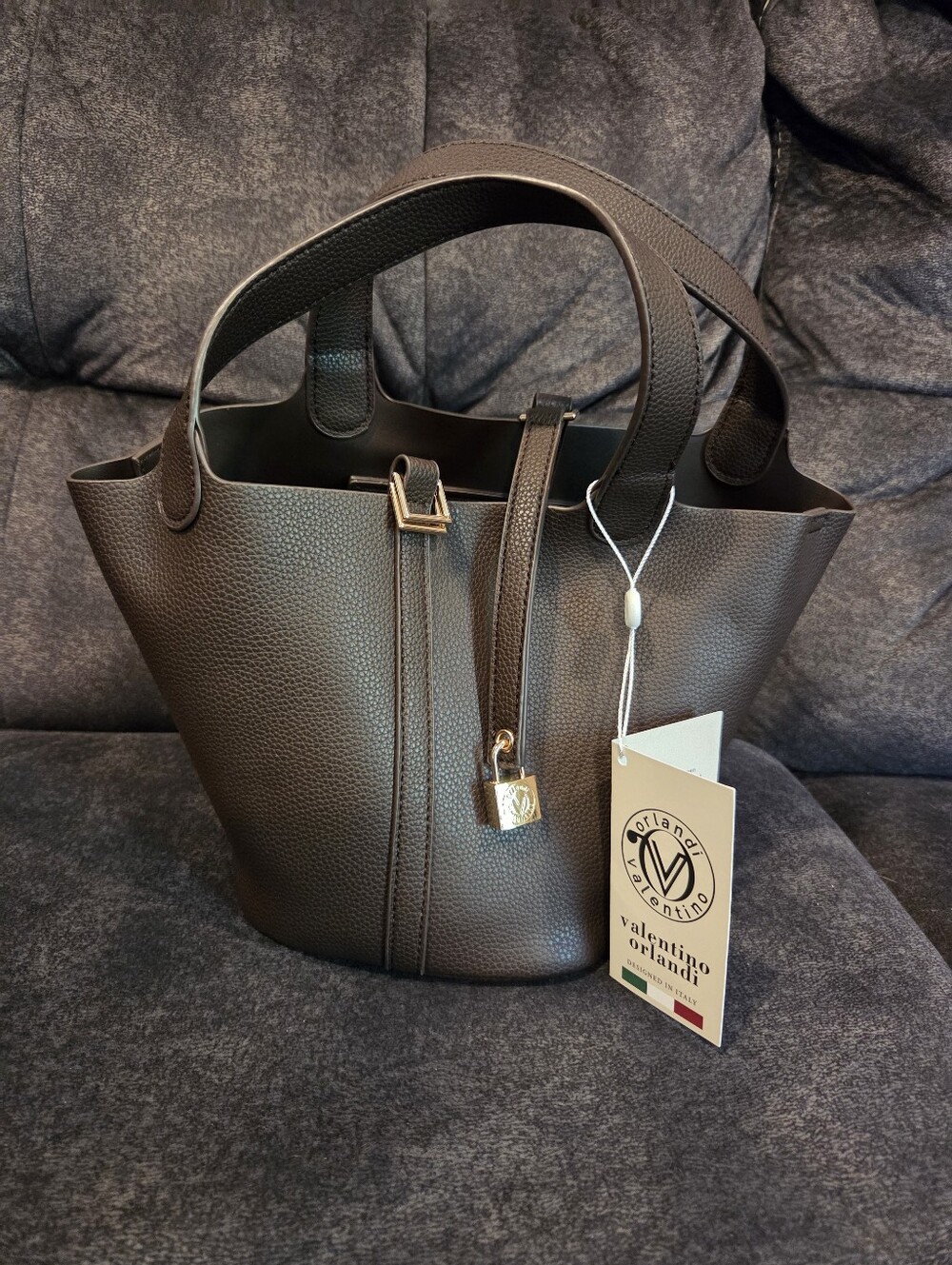 Valentino Orlandi Dark Brown Pebbled Leather Tote with Gold Hardware